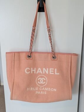 CHANEL Deauville Peach Chain-Handle Logo Tote